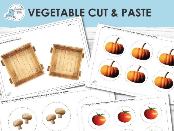 Vegetable Cut and Paste Activity Real Photo Vegetables Wooden Crate Preschool Fine Motor Pages