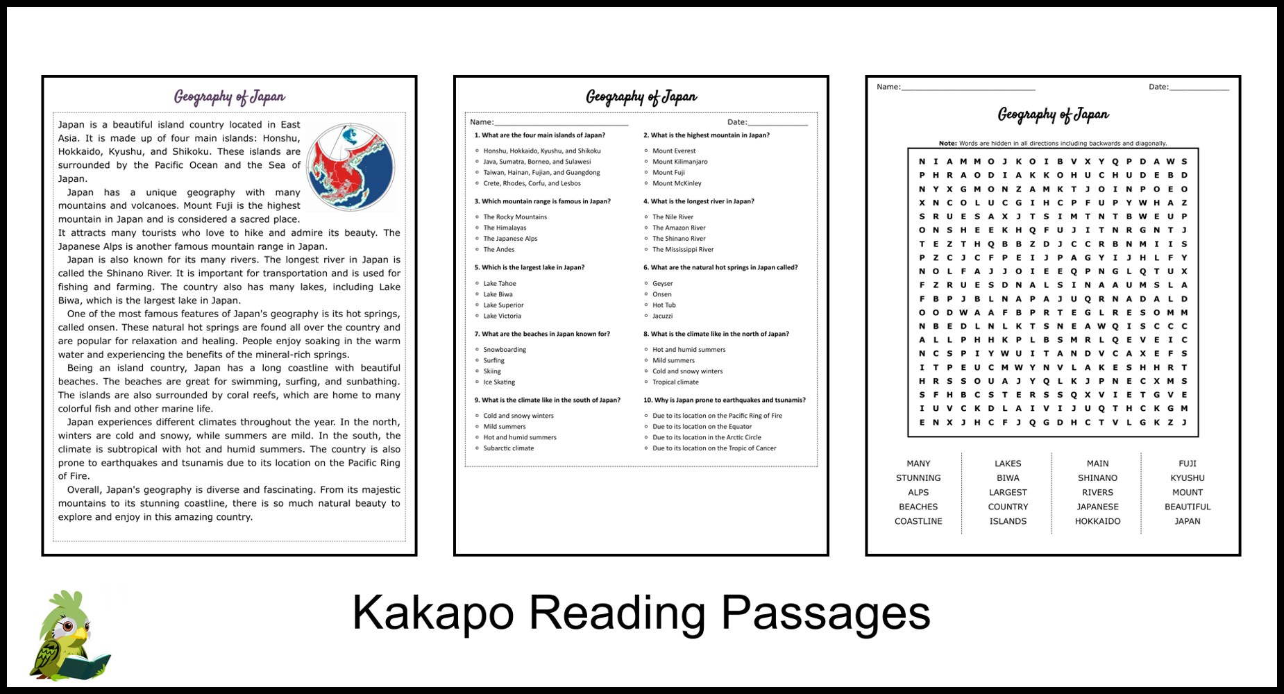 Geography of Japan Reading Comprehension and Word Search Teaching