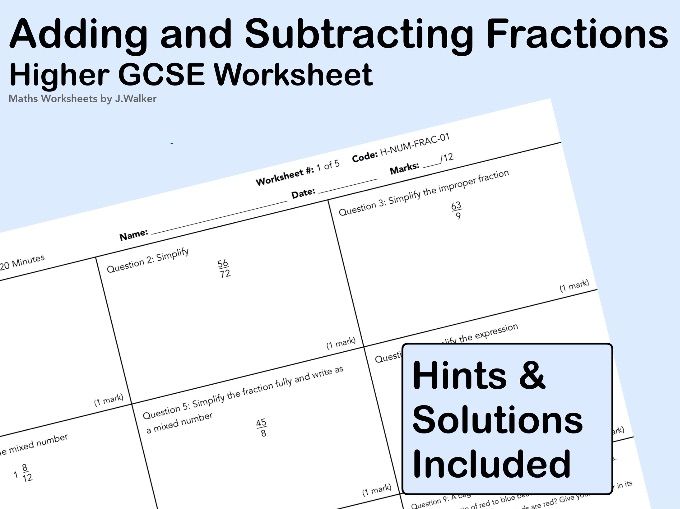 GCSE Maths Worksheet: Adding and Subtracting Fractions - Higher Tier
