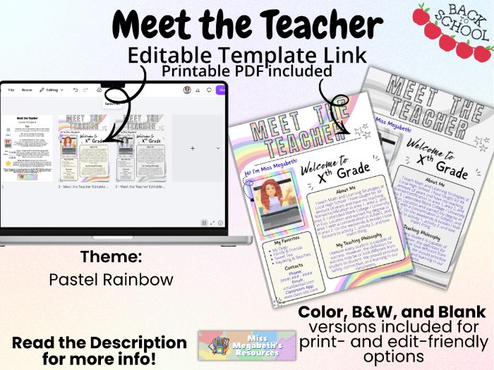Editable Meet the Teacher Template | Pastel Rainbow | Back to School Form | Open House Flyer | Canva
