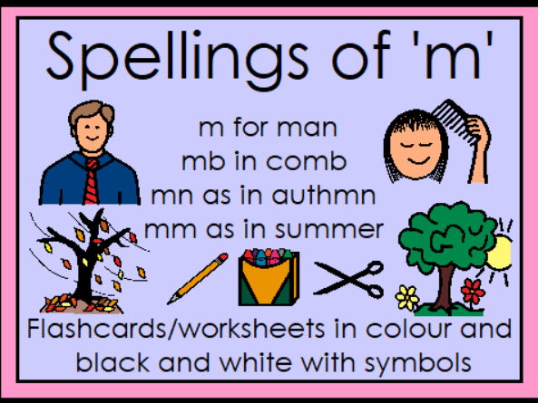 Spellings of 'm' flashcards / worksheets