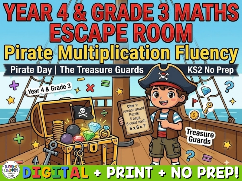 Year 4 & Grade 3 Maths Escape Room Pirate Multiplication Fluency KS2 No Prep