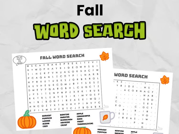 Fall Word Search | Printable Autumn Activity Worksheet for Elementary
