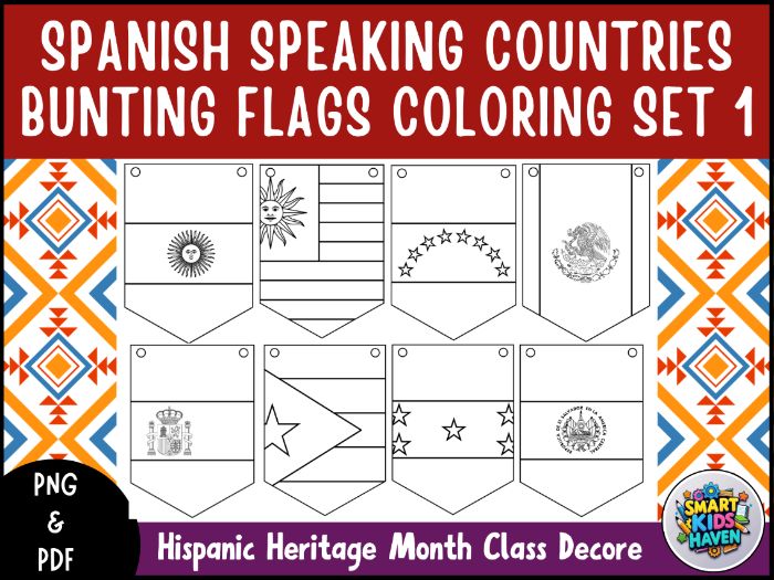 Spanish Speaking Countries Banner Coloring Hispanic Heritage Month Bunting Set 1