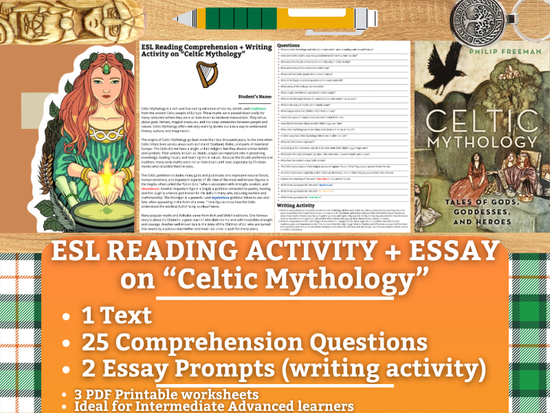 ESL Reading Comprehension + Writing Activity Worksheets on Celtic Mythology