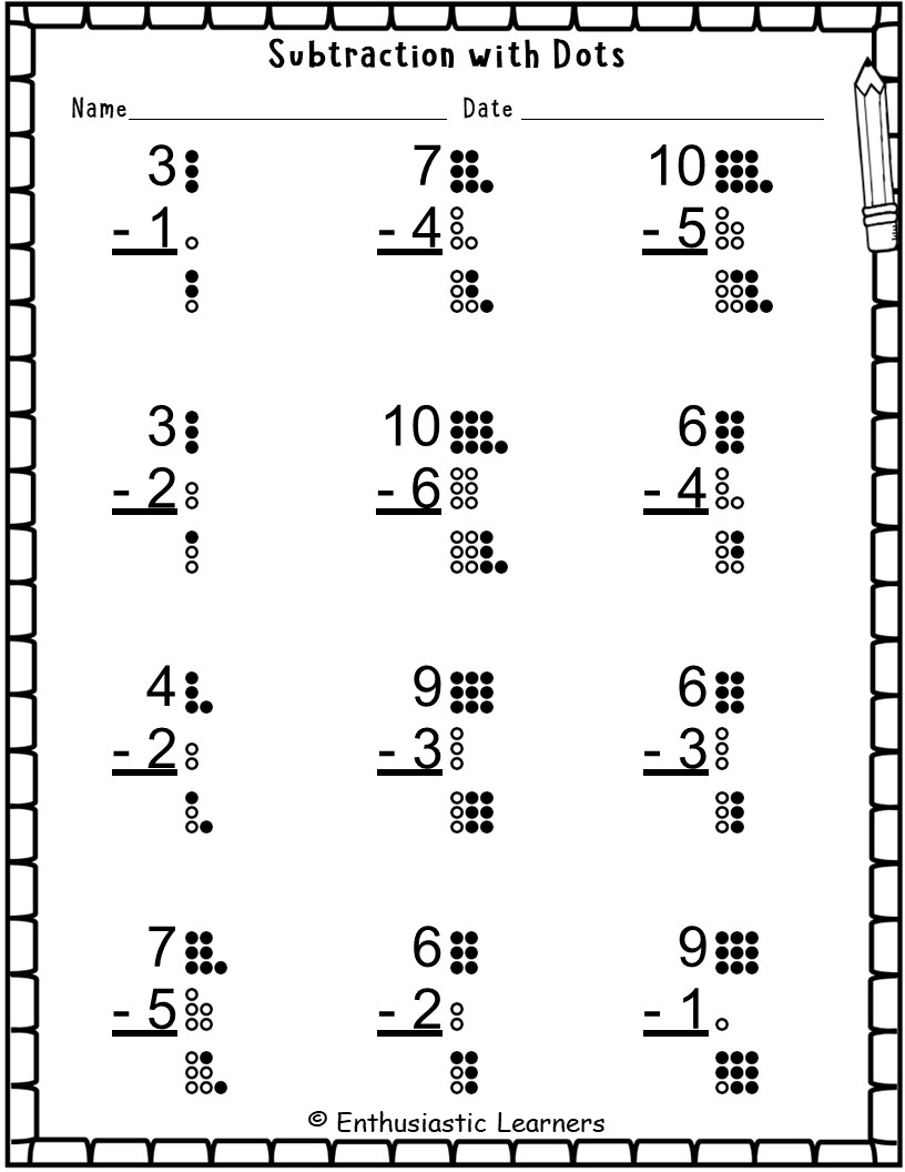 Subtraction with Dots (110) Long Format Beginner Level Worksheets