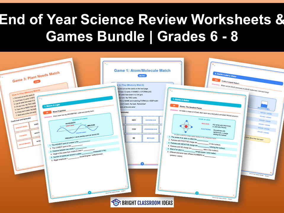 End of Year Science Review Worksheets & Games Bundle | Grades 6 - 8