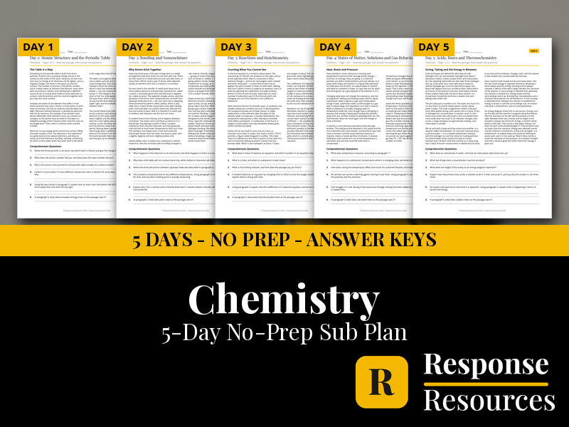 Chemistry Emergency Sub Plans - 5 Days No Prep Print and Go Reading Worksheets