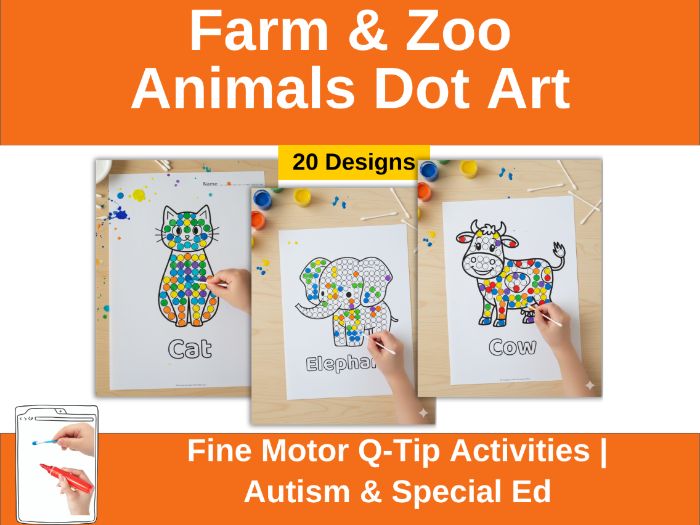 Farm & Zoo Animals Dot Art Fine Motor Pack Q-tip