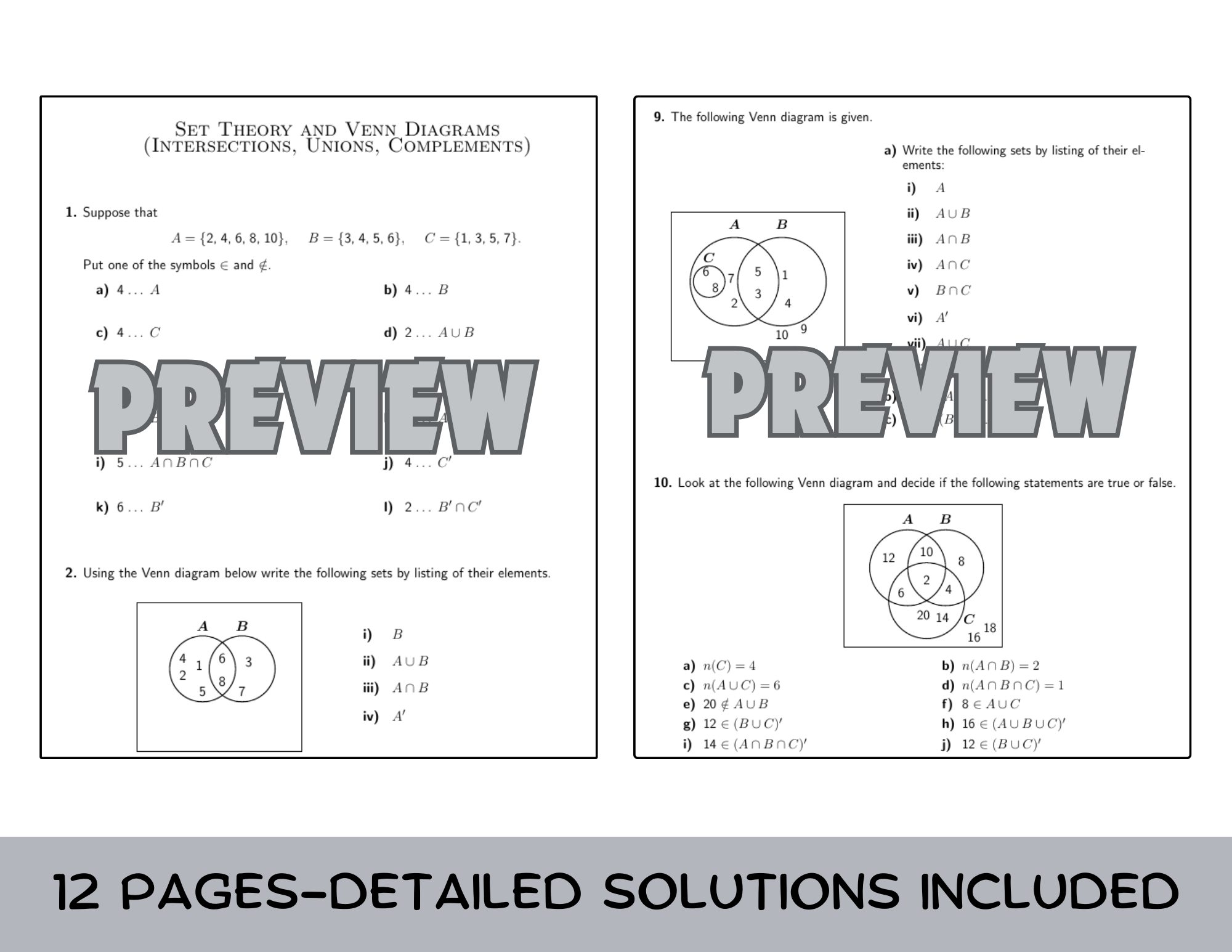 Set Theory and Venn Diagrams Worksheet and Answer Key | Teaching Resources