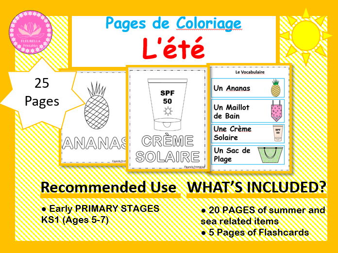 French Summer Coloring Pages for KS1 | PDF 20 Printable Worksheets + 4 Pages of Flashcards