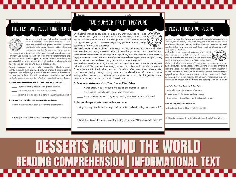 Desserts Around the World 10 Informational Reading Passages & Comprehension Activities