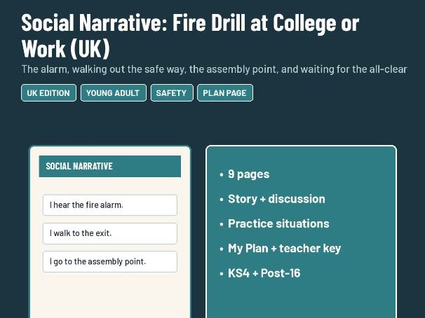 Social Narrative: Fire Drill at College or Work - SEND KS4 Post-16 Safety (UK)