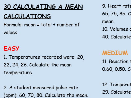 Calculating a mean worksheet.