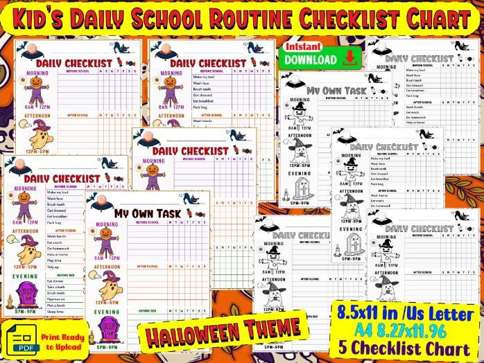 Kid’s Daily School Routine Checklist Chart -Halloween Theme