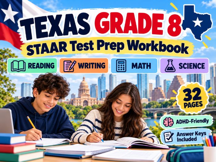 Texas Grade 8 STAAR Reading, Writing, Math & Science Workbook