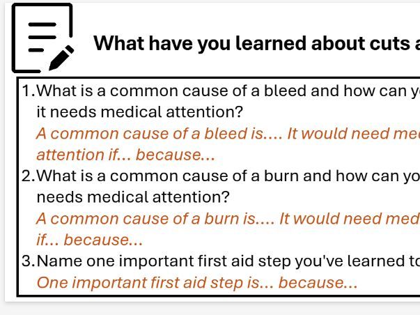 KS3 PSHE – Dealing with Cuts & Burns (Basic First Aid Lesson)