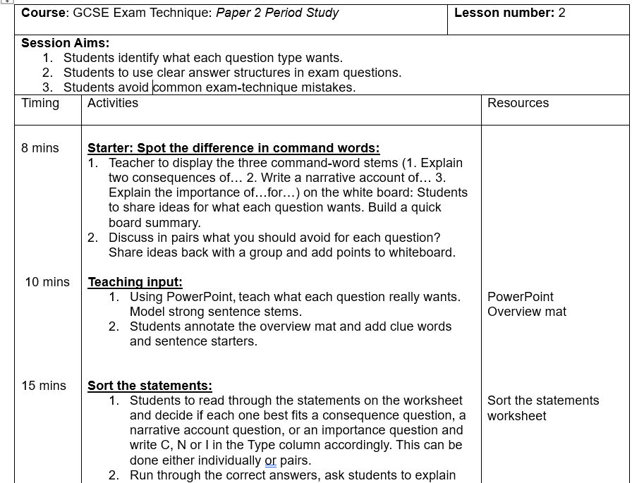 Edexcel GCSE History Exam Technique: Lesson 2- Paper 2 Period Study
