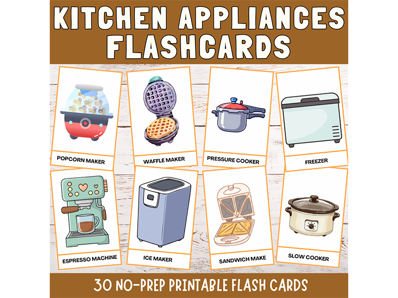 Kitchen Appliances Vocabulary Flashcards, Household Utensils Tools Cards Set Cooking 3 Parts Monte