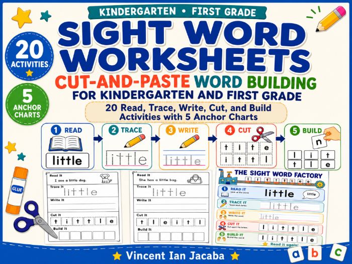Sight Word Worksheets Reception–Year 1 | Cut-and-Paste Word Building Activities
