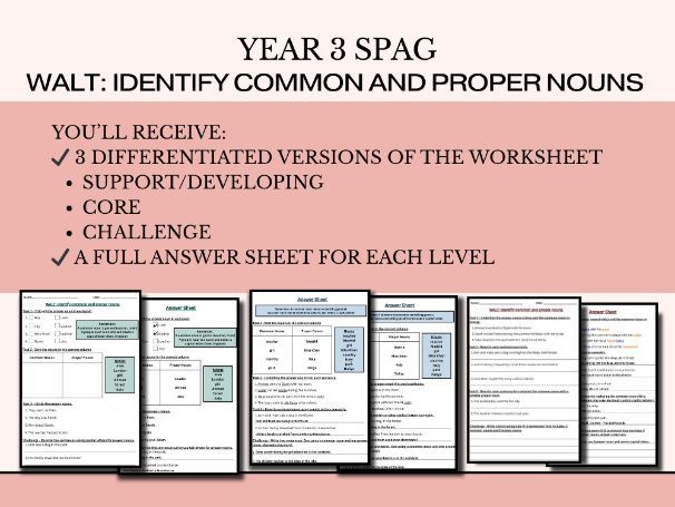 Year 3 Common & Proper Nouns Differentiated Worksheets | Grammar Practice + Answers