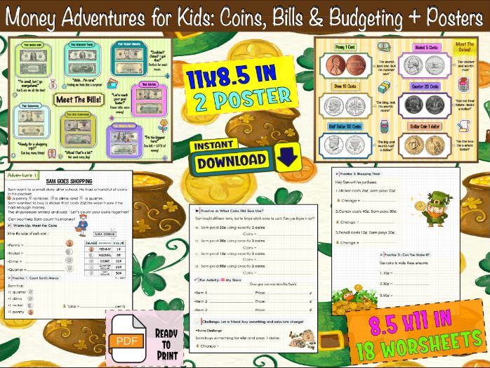 Money Adventures for Kids: Coins, Bills & Budgeting + Posters