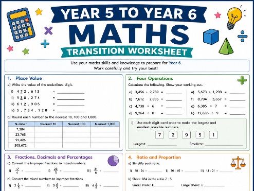 Year 5 to Year 6 Maths Transition Worksheet | End of Year Maths Revision | KS2 Summer Learning |