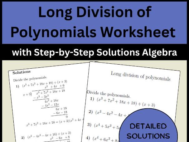 Long Division of Polynomials Worksheet with Step-by-Step Solutions Algebra