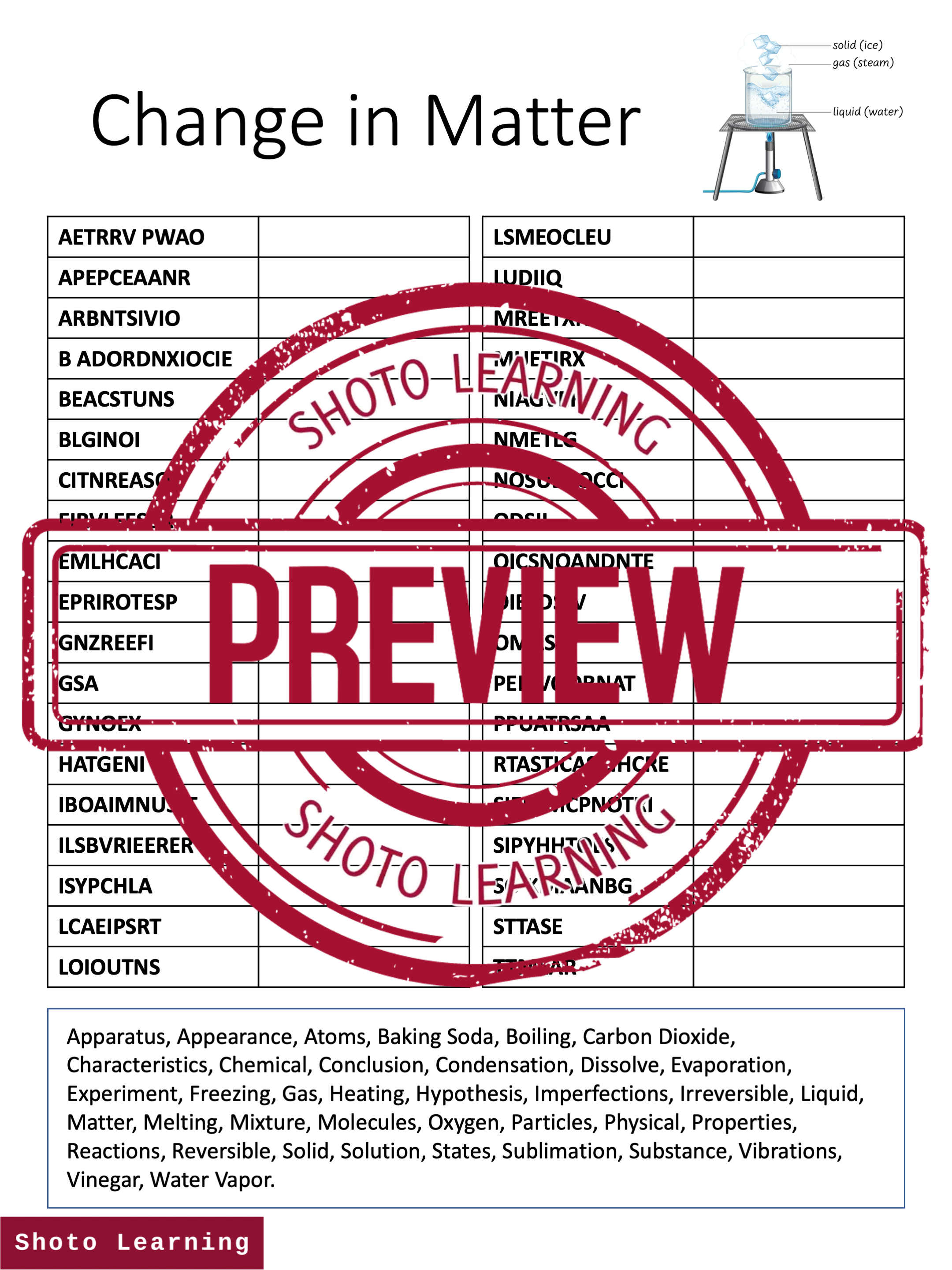 CHANGE IN MATTER SCIENCE ACTIVITY SCRAMBLE WORDS UNSCRAMBLE VOCABULARY