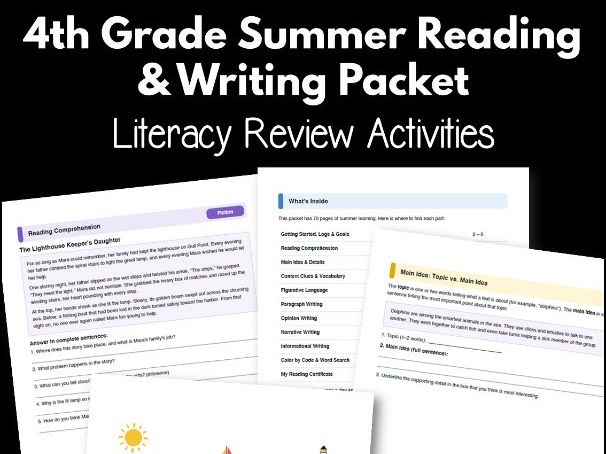 4th Grade Summer Reading & Writing Packet | Literacy Review Activities