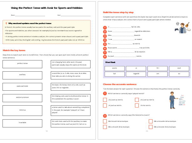French Perfect Tense with Avoir: Sports and Hobbies Worksheet