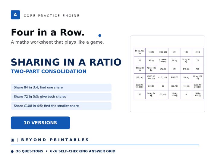 Sharing in a Ratio Four in a Row | Two-Part Consolidation | Level 03 | 10 Maths Games