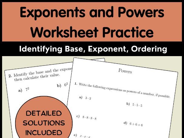 Exponents and Powers Worksheet Practice - Identifying Base, Exponent, Ordering