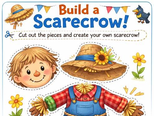 Build a Scarecrow Fine Motor Cut and Paste Worksheet