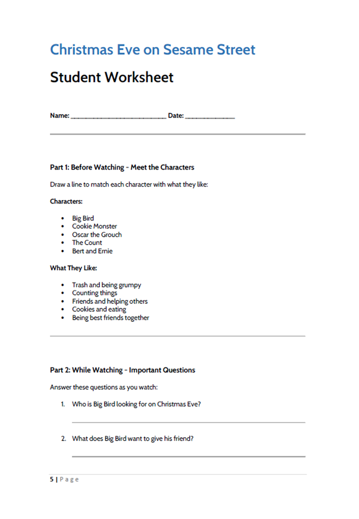 Christmas Eve on Sesame Street: 2-Hour Lesson Plan & Worksheets ...