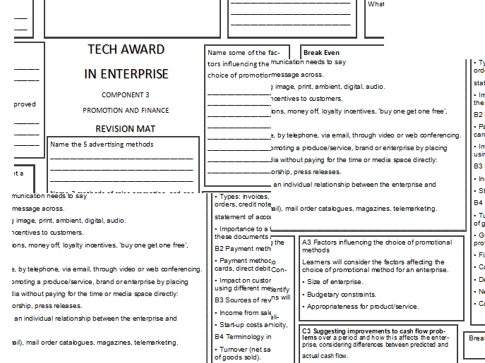 Component 3 Promotion and Finance REVISION MAT Revision questions BTEC TECH AWARD ENTERPRISE LEVEL 2