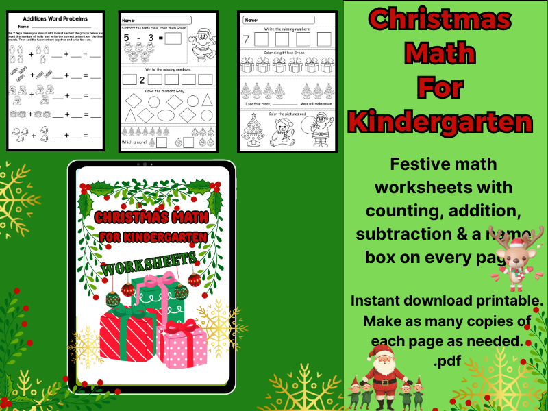 Christmas Math Worksheets for Kindergarten – Festive Counting, Addition & Subtraction Practice