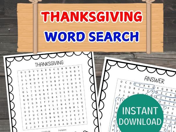 Thanksgiving Word Search, Gratitude Activity