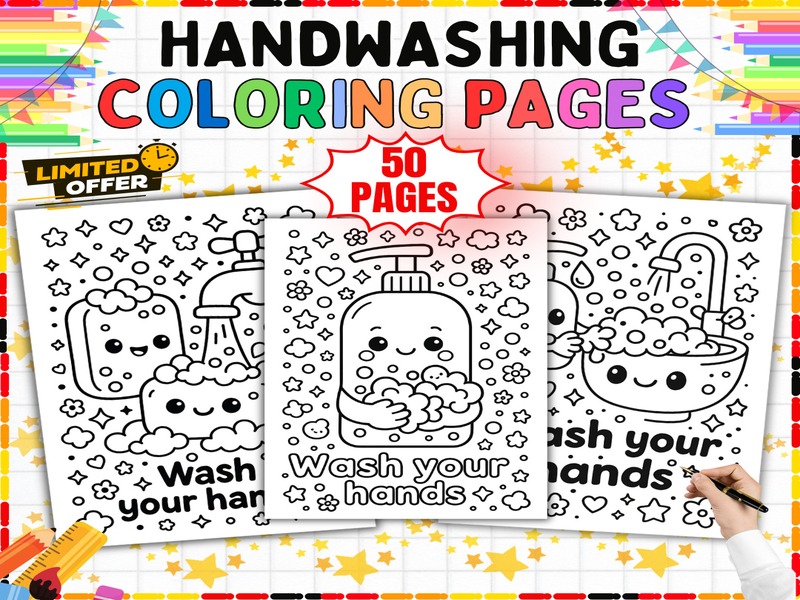 Hand Hygiene Coloring Sheets | 50 Page Coloring Sheets | Soap Water and Healthy Habits