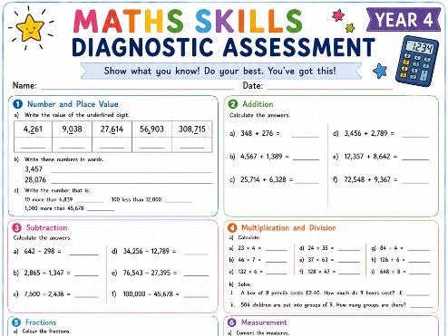 Year 4 Maths Skills Diagnostic Assessment | KS2 Maths Baseline Assessment | Start of Year 4