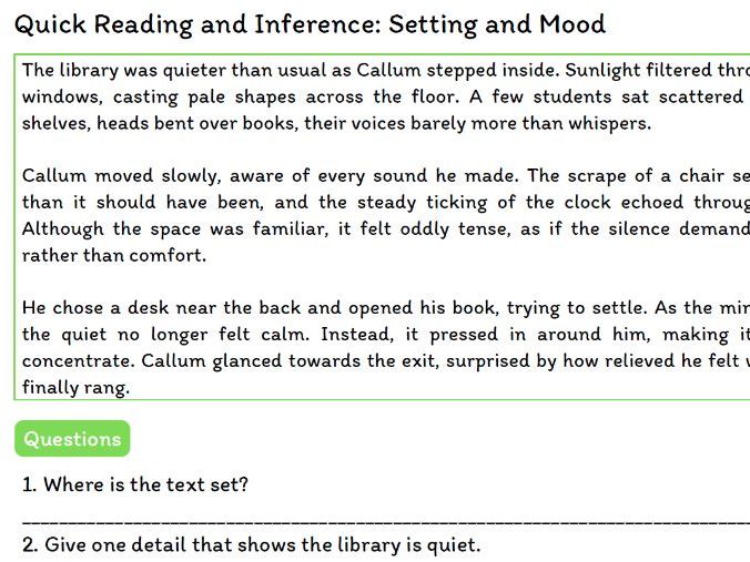 Year 8 Quick Reading and Inference – Setting and Mood
