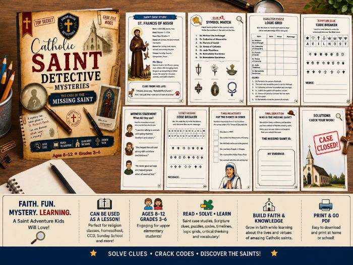 Catholic Saint Detective Mysteries, 43 Page Catholic Saints Reading, Logic Critical Thinking