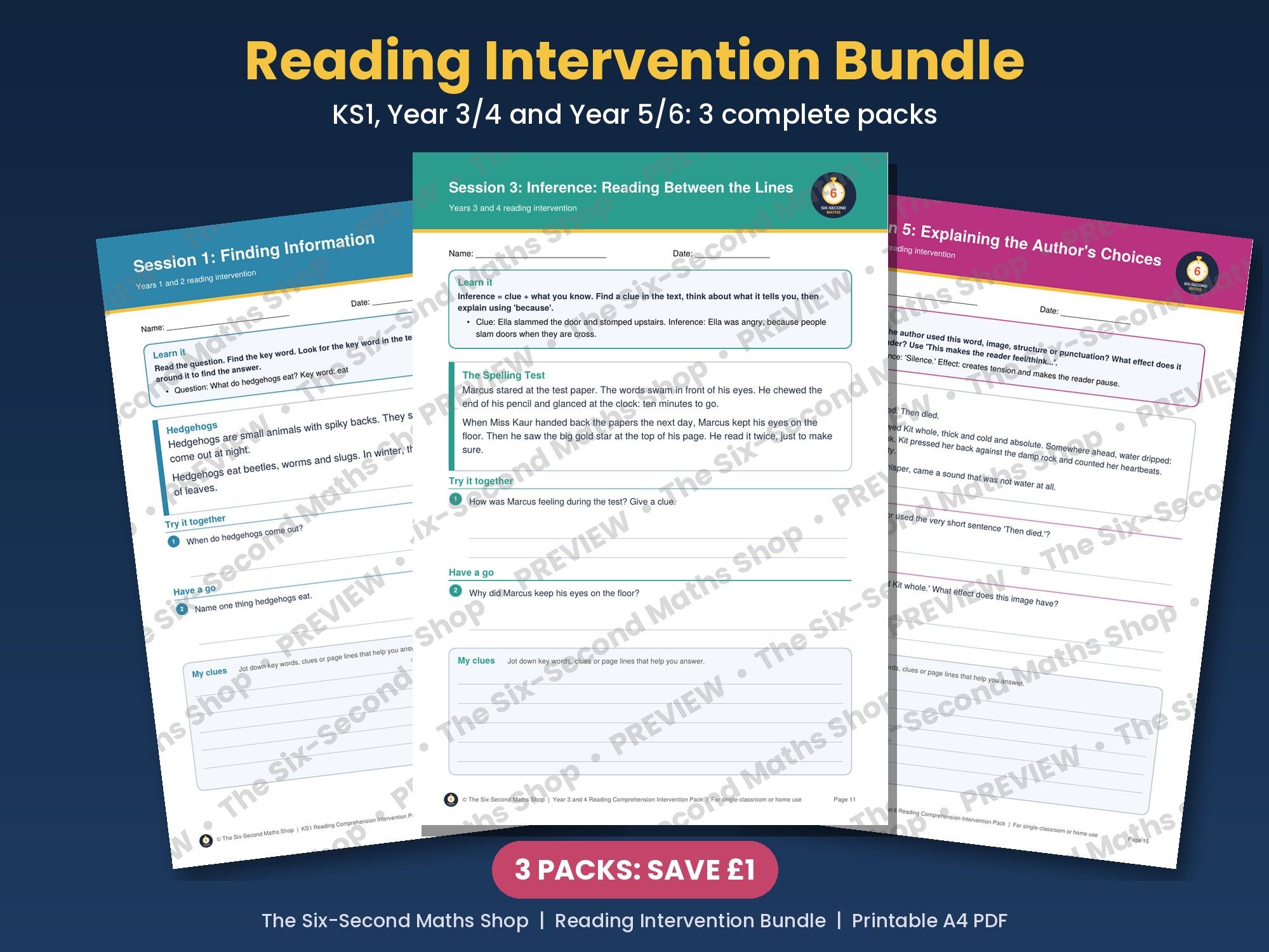 Reading Comprehension Intervention Bundle - KS1, Year 3/4 and Year 5/6 Packs