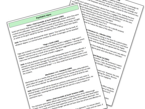 Pure economic loss and psychiatric injury - case and statute list for AQA A-level law