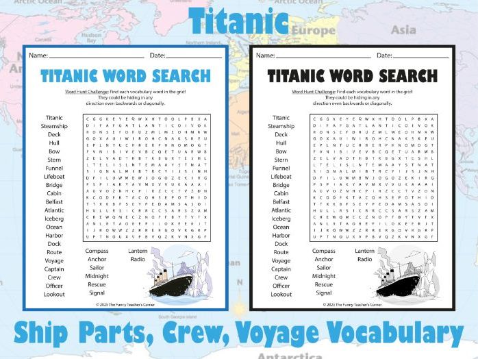 Titanic Word Search | Ship Parts, Crew, Voyage Vocabulary | Grades 4–7