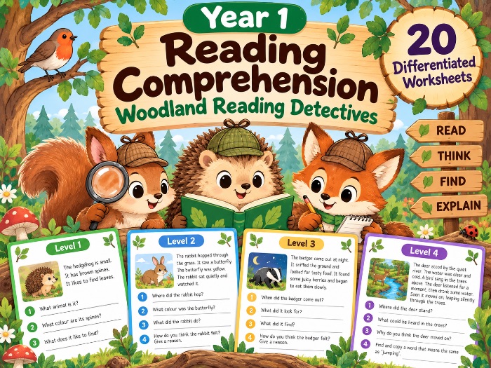 Year 1 Reading Comprehension | Woodland Reading Detectives | 20 Differentiated Worksheets