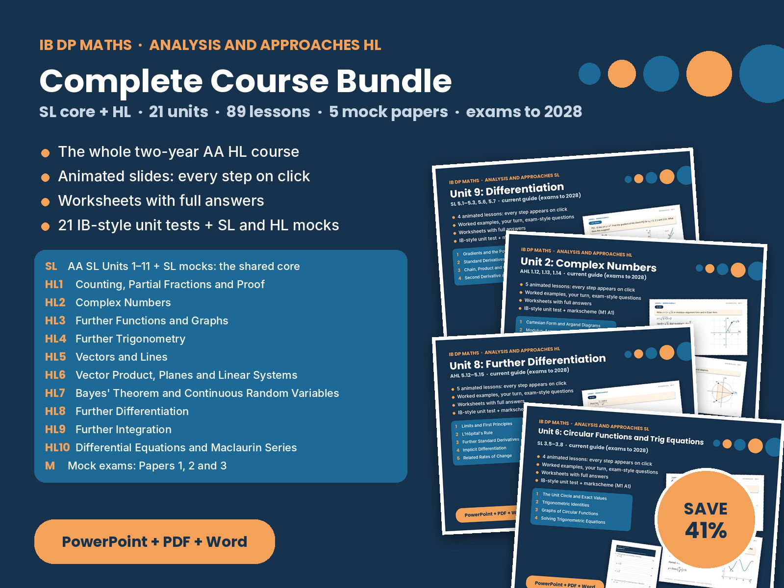 IB Maths AA HL Complete Course Bundle – 21 units, 89 lessons, tests and 5 mock papers
