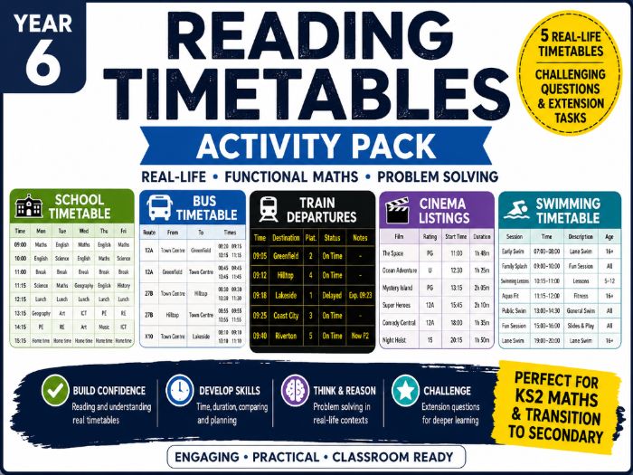 Year 6 Reading Timetables KS2 Activity Pack – Real Life Functional Maths Worksheets and Answers