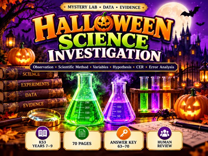 Halloween Science Investigation Lab | KS3 Experiments, Variables & Data Analysis | 70 Pages
