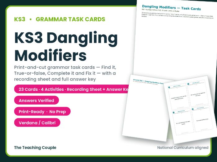 KS3 Dangling Modifiers Task Cards – 23 Grammar Cards + Answer Key